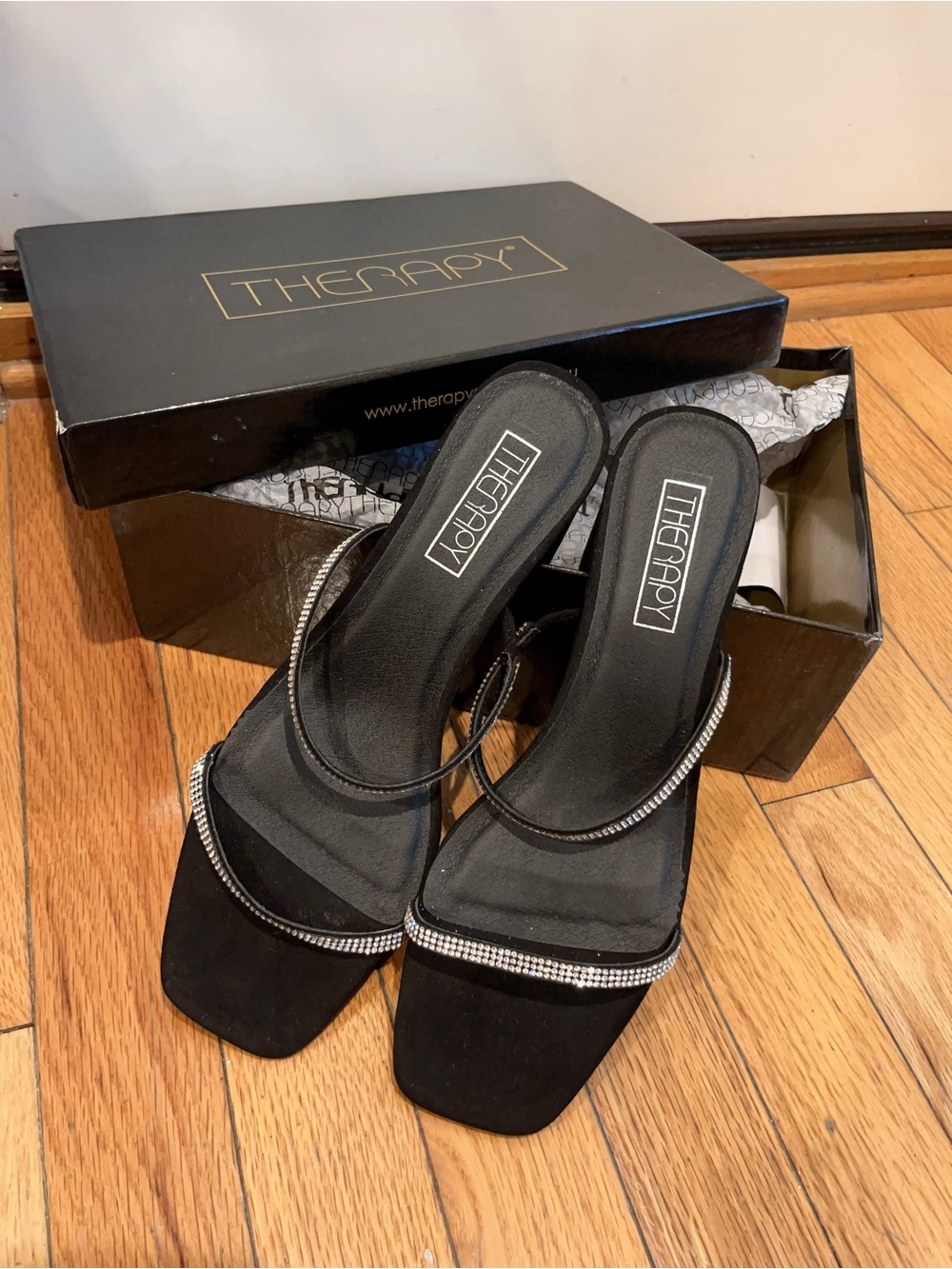 therapy Black Rhinestone-Trim Slip-On Mules